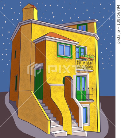Yellow Mediterranean House at Night Illustration Yellow Mediterranean House at Night Illustration 139756794