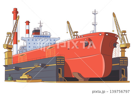 Oil tanker in dry dock with cranes vector illustration Oil tanker in dry dock with cranes vector illustration 139756797