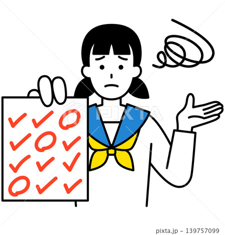 間違いだらけの答案用紙を見せて困っている女子学生 139757099