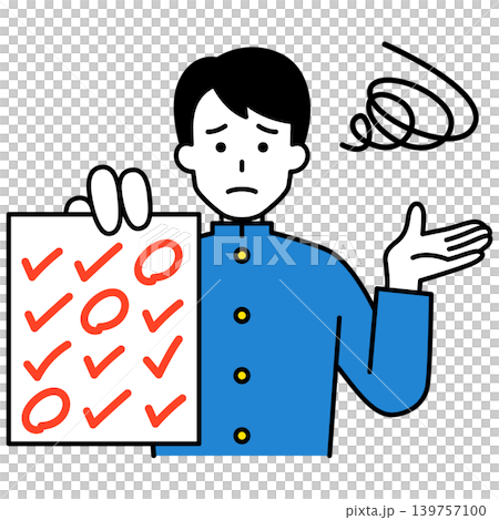 間違いだらけの答案用紙を見せて困っている男子学生 139757100