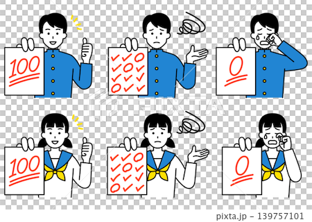 兩名男學生和一名女學生正在展示他們的考卷。 139757101