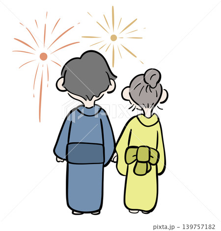 花火を見るカップルのイラスト｜夏祭り 後ろ姿 139757182