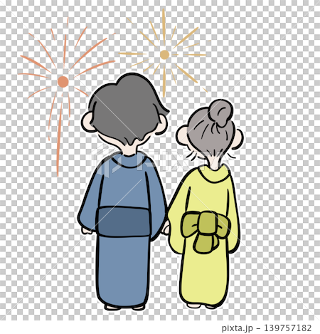 花火を見るカップルのイラスト｜夏祭り 後ろ姿 139757182