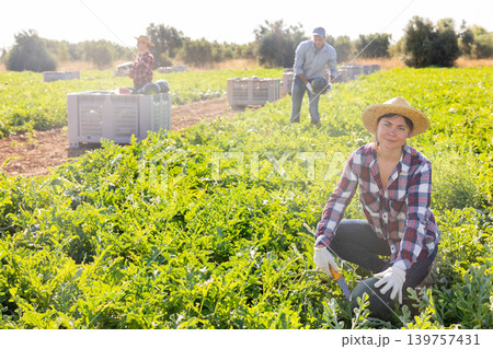 Satisfied woman farmer with watermelon in her hands on farmer field Satisfied woman farmer with watermelon in her hands on farmer field 139757431
