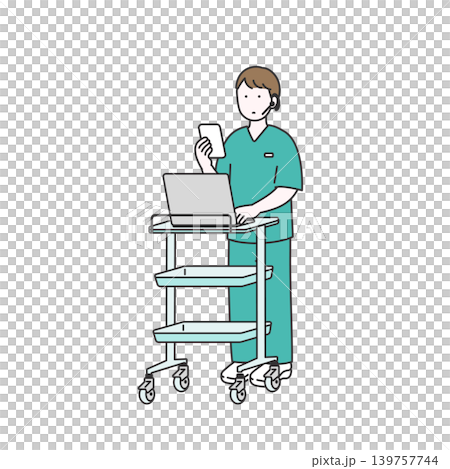 插圖描繪了一名護士一邊使用智慧型手機和對講機進行交流,一邊在電腦上打字的情景。 插圖描繪了一名護士一邊使用智慧型手機和對講機進行交流,一邊在電腦上打字的情景。 139757744