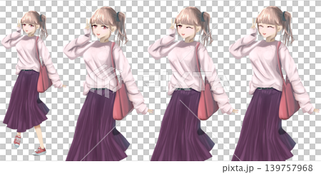 Full-body character illustration of a character with a side ponytail making a peace sign - Anime/manga style illustration set Full-body character illustration of a character with a side ponytail making a peace sign - Anime/manga style illustration set 139757968