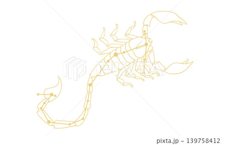 さそり座の線画イラスト（ゴールド色でサソリの絵と星座線、線のみで塗りなし） 139758412