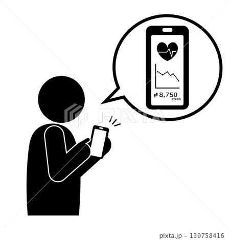 スマートフォンの健康アプリで歩数・心拍数を確認するピクトグラムのモノクロイラスト スマートフォンの健康アプリで歩数・心拍数を確認するピクトグラムのモノクロイラスト 139758416