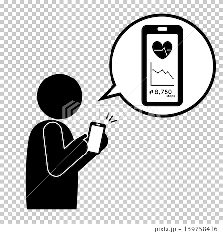 スマートフォンの健康アプリで歩数・心拍数を確認するピクトグラムのモノクロイラスト スマートフォンの健康アプリで歩数・心拍数を確認するピクトグラムのモノクロイラスト 139758416