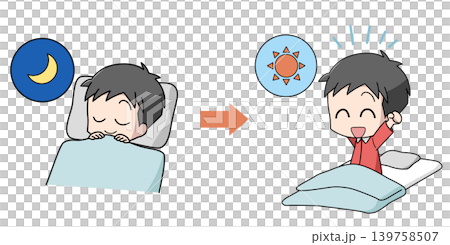 一幅男孩睡眠良好、容易醒來的插圖。 一幅男孩睡眠良好、容易醒來的插圖。 139758507