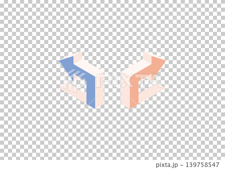 An isometric design (blue and pink) featuring two shaded, right-angled arrows pointing left and right, respectively. An isometric design (blue and pink) featuring two shaded, right-angled arrows pointing left and right, respectively. 139758547