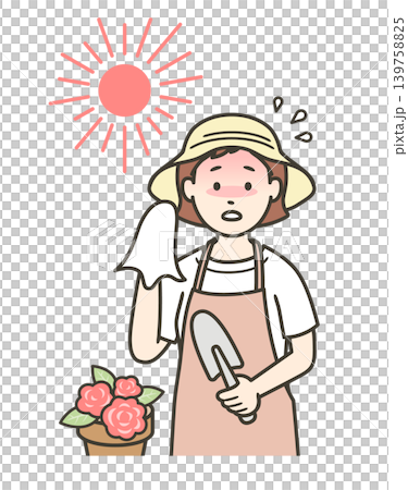 插圖描繪了一位年輕女子在夏季園藝時中暑的上半身。 插圖描繪了一位年輕女子在夏季園藝時中暑的上半身。 139758825