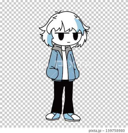 一幅簡單的全身插圖，描繪了一個瞇著眼睛的男孩。 139758980