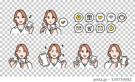 A set of smartphone notification icons featuring a woman in her 40s wearing a shirt. 139759092