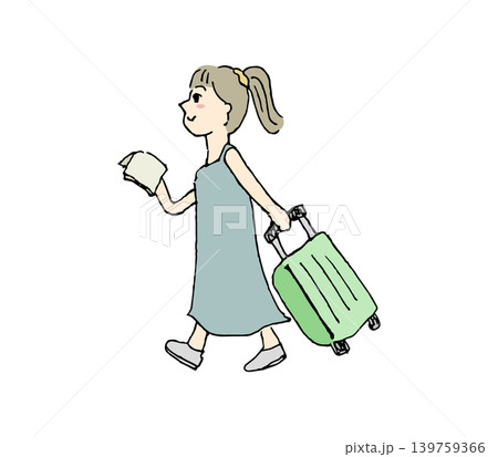 ガイドブックを持ちキャリーバッグをひいて歩く女性 夏 旅行 ガイドブックを持ちキャリーバッグをひいて歩く女性 夏 旅行 139759366