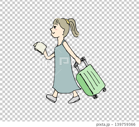 ガイドブックを持ちキャリーバッグをひいて歩く女性 夏 旅行 ガイドブックを持ちキャリーバッグをひいて歩く女性 夏 旅行 139759366