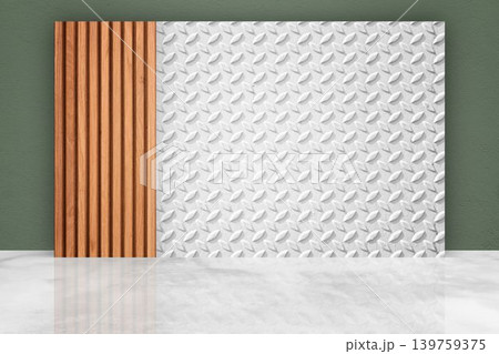 Modern Wall Panel Featuring Mix of Natural Wood Slats and Textured White Eiamond Plate Metal Surface. 139759375