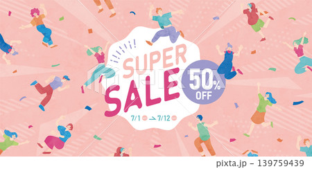 楽しい人々と50パーセント割引のスーパーセールバナーイラスト 楽しい人々と50パーセント割引のスーパーセールバナーイラスト 139759439