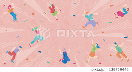 ピンク背景でジャンプする楽しそうな人々のお祝いイラスト背景 139759442