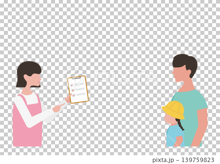 Vector illustration of a childcare worker explaining a checklist, a girl, and her father. Vector illustration of a childcare worker explaining a checklist, a girl, and her father. 139759823