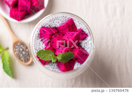 Chia pudding topped with fresh dragon fruit in a glass, Healthy eating 139760476