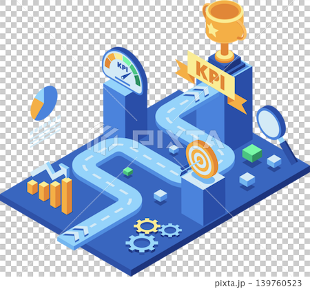 Isometric Business KPI Achievement Roadmap with Performance Metrics 139760523