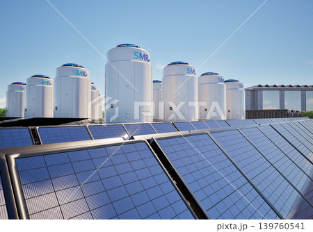Smr or small modular nuclear reactors power plant with solar panels for data center building 139760541