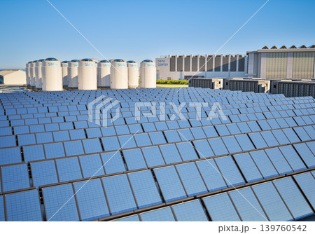 Smr or small modular nuclear reactors power plant with solar panels for data center building 139760542