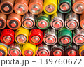 Stack of used batteries on a red background. Background of alkaline battery AA size 139760672