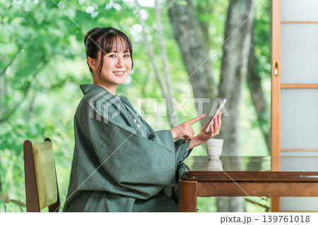 旅館の和室でスマホを見る浴衣姿の若いアジア人女性 139761018