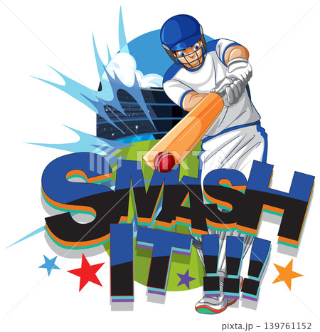 Cricket Batsman Hitting Ball with Smash It Text Vector Illustration Cricket Batsman Hitting Ball with Smash It Text Vector Illustration 139761152