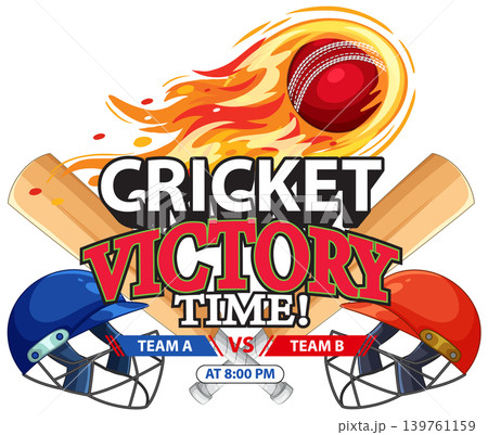 Cricket Victory Time Vector Illustration with Flaming Ball and Bats Cricket Victory Time Vector Illustration with Flaming Ball and Bats 139761159