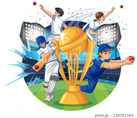 Professional Cricket Players Action Scene with Large Golden Championship Trophy 139761164