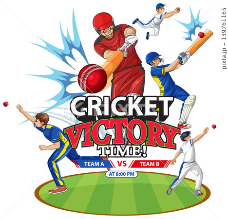 Cricket Victory Time Vector Illustration with Players Batting and Bowling Cricket Victory Time Vector Illustration with Players Batting and Bowling 139761165
