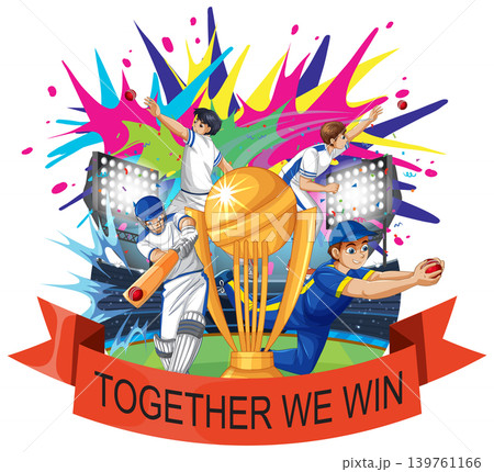 Dynamic Cricket Challenge Illustration with Players and a Large Golden Championship Trophy 139761166
