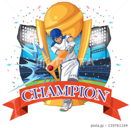 Professional Cricket Batsman Hitting Ball with Gold Trophy and Champion Banner Professional Cricket Batsman Hitting Ball with Gold Trophy and Champion Banner 139761184