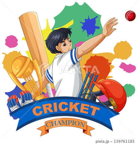 Cricket Champion Vector Illustration with Player and Sports Equipment Cricket Champion Vector Illustration with Player and Sports Equipment 139761185