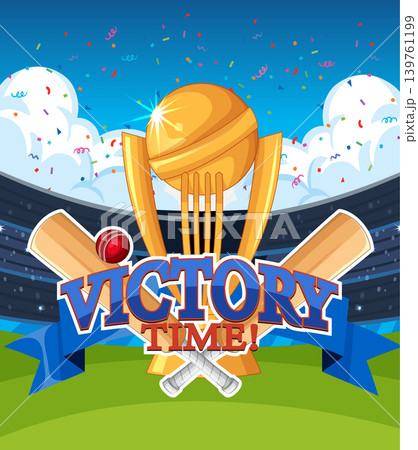 Cricket Championship Victory Trophy with Bats and Ball in Stadium 139761199