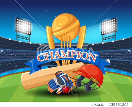 Cricket Championship Trophy and Equipment in a Brightly Lit Stadium Cricket Championship Trophy and Equipment in a Brightly Lit Stadium 139761202