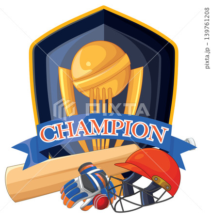 Cricket Champion Trophy Emblem with Bat Helmet and Gloves Illustration 139761208