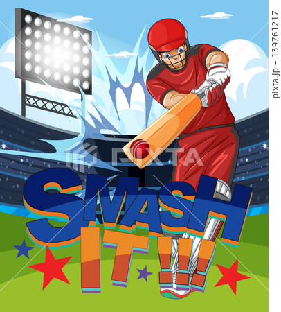 Professional Cricket Batsman Hitting Ball with Smash It Text in Stadium 139761217