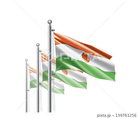 Brightly shining Niger flags wave proudly on tall masts during official celebration events Brightly shining Niger flags wave proudly on tall masts during official celebration events 139761256