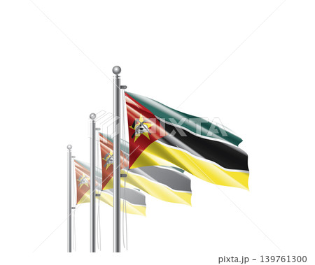 Brightly shining Mozambique flags wave proudly on tall masts during official celebration events Brightly shining Mozambique flags wave proudly on tall masts during official celebration events 139761300
