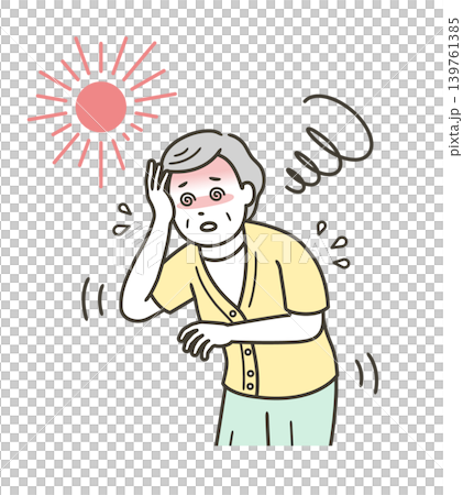 An illustration of the upper body of an elderly woman suffering from heatstroke and experiencing dizziness. An illustration of the upper body of an elderly woman suffering from heatstroke and experiencing dizziness. 139761385