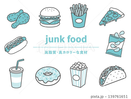 ジャンクフード(高脂質・高カロリーな食材)のイラストセット ジャンクフード(高脂質・高カロリーな食材)のイラストセット 139761651
