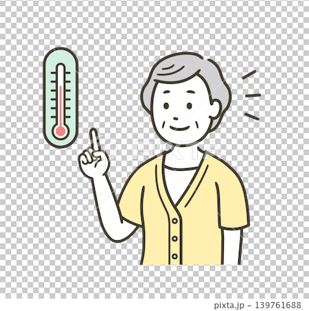 温度計を見て室内の温度管理をする高齢女性の上半身イラスト 139761688