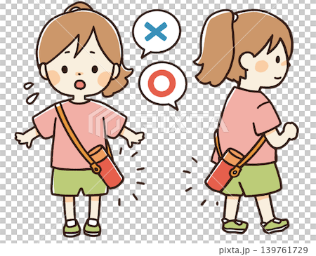 Illustration of a warning about water bottles worn across the body. Illustration of a warning about water bottles worn across the body. 139761729