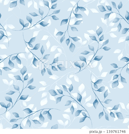 Beautiful hand drawn seamless pattern with soft blue and white leafy branches. Elegant botanical background for textile, fabric, wrapping paper, wallpaper, or nursery decor. 139761746