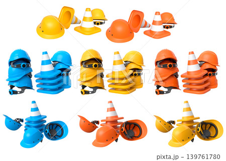 Stack of construction helmets and traffic cones isolated white background with clipping path, representing safety equipment 139761780