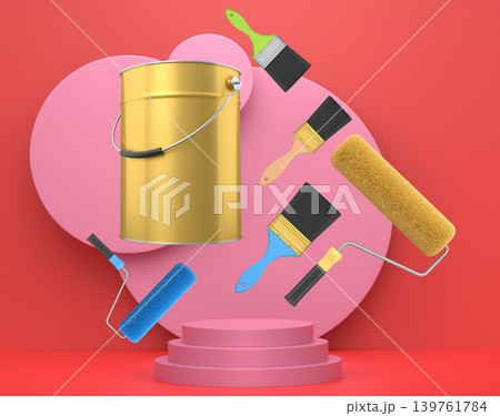 Brushes, paint bucket and roller brush floating in air over podium on abstract background, renovation and construction tools Brushes, paint bucket and roller brush floating in air over podium on abstract background, renovation and construction tools 139761784